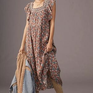 Anthropologie Smocked Floral Maxi Dress in Rust and Teal